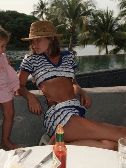 FOR BEAUTY 2026 Spring/Summer New Arrival Women's Deep Sea Blue Wavy Pattern Short V-Neck Knit Top With Drawstring Belt And Fitted Skirt Two Pieces Set. Features Lace-Up Stripes In An American Retro Sweet And Sexy Style. Delightfully Fresh And Casual With A Hint Of Mature Playfulness, Offering Effortless Comfort. Perfect For Fashion Parties, Gatherings, Beach Vacations, Early Summer Picnics, And Women's Beachwear. Summer Outfits