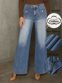 Classic Washed Blue Casual Zip-Up Women's Jeans NZ127 - Medium Wash - View 1