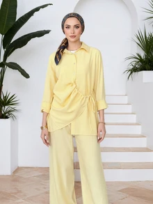 Spring To Summer Yellow Elegant Women's Set, Commuting Casual Intellectual Shirt Collar Top With Irregular Side Tie Adjustable, Carnival Casual Set, Semi-Sheer Non-Stretch Fabric - Yellow - View 2
