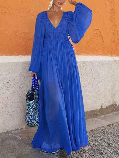 2026 New French Bohemian Chiffon V-Neck Long Sleeve Pleated Maxi Dress - Elegant High Waist Autumn Party Dress, Spring/Autumn New Arrival, Women's Spring/Summer New Item, Women's Retro Outfit, French Elegance, Valentine's Day, Women's Christmas Dress, New Year Outfit, Women's Elegant Maxi Dress, Casual Long Dress, Women's Blue Dress, Women's Beach Dress, Elegant Party Dress