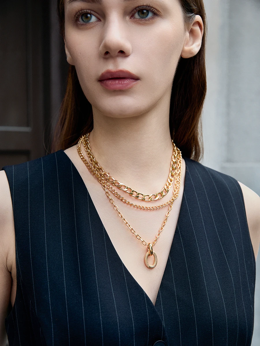 CHICVUE Fashionable Hip-Hop Aluminum Multi-Layer Necklace (Water-Resistant And Not Easy To Fade) - Gold - View 1