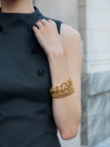 CHICVUE 4Pcs Simple Punk Chunky Chain Bracelet Set Metal Link Chain Combo, Ensemble With Rope,And Twisted Designs Multi Layered Bracelet Women's Holiday Dating Gift Daily Matching - Yellow Gold - View 1