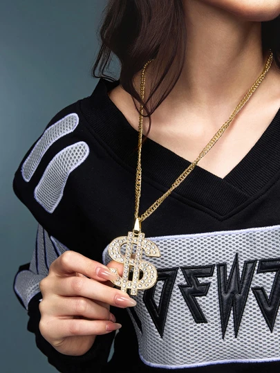 DareSee 1pc Luxury Fashion Hiphop Unique Vintage Rhinestone Dollar Symbol Pendant Long Necklace, Sweater Chain, Hoodie Chain, Music Fest Y2KFest Back To School Autumn Winter Gifts