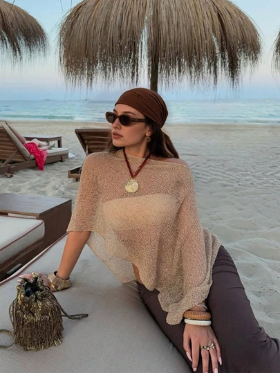 New Khaki Lightweight Shoulder-Revealing Knit Top For Women, Made Of Knit And Textured Fabric, Relaxed Fit, Slimming, Suitable For Vacation, Bohemian Style, Sexy, Women's Outerwear, Summer Outfit