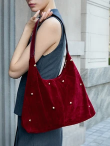 CHICVUE New And Fashionable Handbag With Hot Girl Style Tote Bag, Rivet Bag, Women's Commuting Personalized Velvet Crossbody Bag - Burgundy - View 3