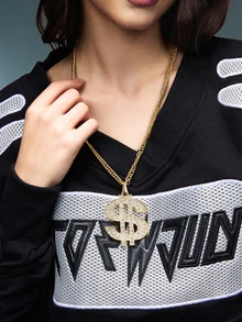 DareSee 1pc Luxury Fashion Hiphop Unique Vintage Rhinestone Dollar Symbol Pendant Long Necklace, Sweater Chain, Hoodie Chain, Music Fest Y2KFest Back To School Autumn Winter Gifts - Yellow Gold - View 2