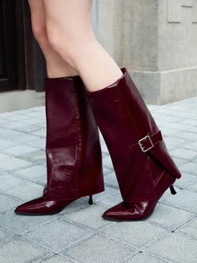 CHICVUE Women's High Heel Boots, Pointed Toe Kitten Heel Wedge Boots, Sexy Pants Boots, Stacked Heel Knee High Boots, Retro Over-The-Knee Boots, Fashion Western Boots - Burgundy - View 1