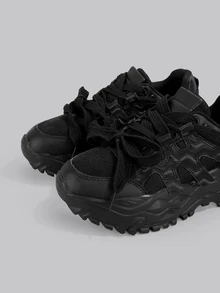 DareSee 女士黑色简约时尚休闲高街运动鞋，系带防滑厚底运动鞋，适合节日派对、聚会、时尚外出、音乐节、Y2K 节、返校季、秋季、圣诞节、冬季圣诞节礼物