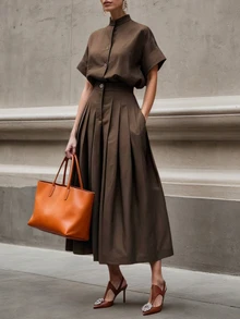 Autumn Women's Stand Collar Dress Set, Essential For Commuting - Coffee Stand Collar Shirt + Midi Skirt Two Pieces Set, Elegant Stand Collar Single-Breasted Top Paired With High-Waist Midi Skirt Two Pieces Set, Street Style, Teacher Outfit, Retro Women's Clothing - Brown - View 1