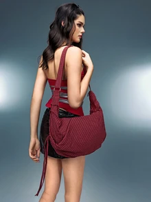 DareSee Japanese Style Plaid One Shoulder Bag, Fashion Pleated Bowknot Zipper Closure Crossbody Bag, School/College/University Student Lightweight Foldable Cloth Bag, Suitable For Shopping, Daily Commute, Crescent Moon Bag Music Fest - Multicolor - View 4