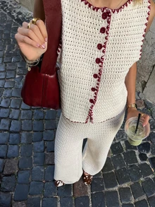 Apricot Crew Neck Sleeveless Hollow Out Contrast Color Knit Cardigan, Women's Spring/Summer New Casual Beach Holiday Vest, Fashion Leisure Elegant Party Tank Top, Solid Color Minimalist Blouse - Apricot - View 2