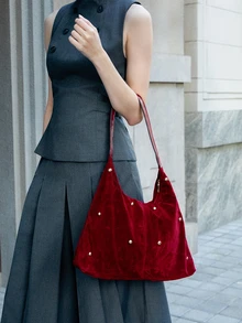 CHICVUE New And Fashionable Handbag With Hot Girl Style Tote Bag, Rivet Bag, Women's Commuting Personalized Velvet Crossbody Bag - Burgundy - View 4