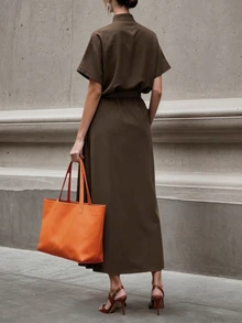 Autumn Women's Stand Collar Dress Set, Essential For Commuting - Coffee Stand Collar Shirt + Midi Skirt Two Pieces Set, Elegant Stand Collar Single-Breasted Top Paired With High-Waist Midi Skirt Two Pieces Set, Street Style, Teacher Outfit, Retro Women's Clothing - Brown - View 2