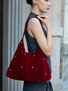 CHICVUE New And Fashionable Handbag With Hot Girl Style Tote Bag, Rivet Bag, Women's Commuting Personalized Velvet Crossbody Bag - Burgundy - View 1