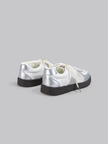 DareSee Women New Mesh Breathable Casual Sneakers Lace-Up Ballet Flat Small White Shoes Music Fest Y2KFest Back To School Autumn Winter Gifts - Silver - View 4