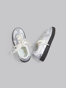 DareSee Women New Mesh Breathable Casual Sneakers Lace-Up Ballet Flat Small White Shoes Music Fest Y2KFest Back To School Autumn Winter Gifts - Silver - View 2