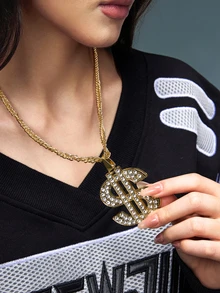 DareSee 1pc Luxury Fashion Hiphop Unique Vintage Rhinestone Dollar Symbol Pendant Long Necklace, Sweater Chain, Hoodie Chain, Music Fest Y2KFest Back To School Autumn Winter Gifts - Yellow Gold - View 3