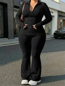 Bộ đồ thể thao nữ cỡ lớn màu trơn tay dài và quần ôm sát, đồng phục tập thể dục mùa xuân. - màu đen - Xem 1