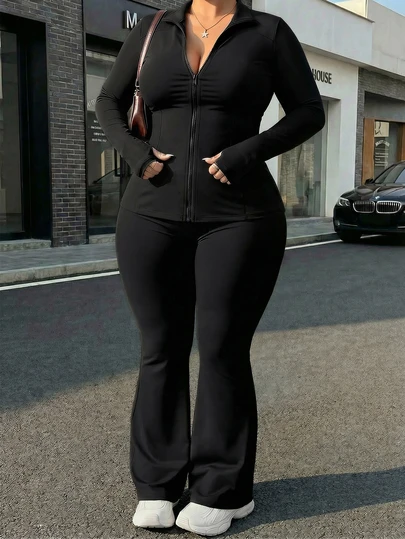 大码女式纯色长袖上衣和裤子修身运动套装，健身服