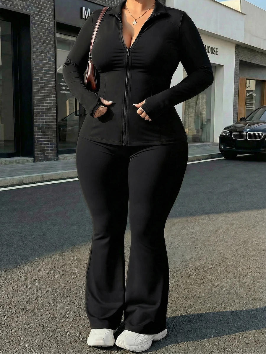 Bộ đồ thể thao nữ cỡ lớn màu trơn tay dài và quần ôm sát, đồng phục tập thể dục mùa xuân. - màu đen - Xem 1
