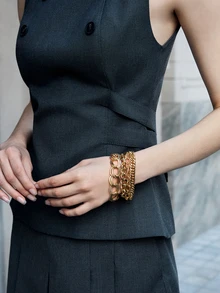CHICVUE 4Pcs Simple Punk Chunky Chain Bracelet Set Metal Link Chain Combo, Ensemble With Rope,And Twisted Designs Multi Layered Bracelet Women's Holiday Dating Gift Daily Matching - Yellow Gold - View 2