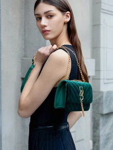 2024新款时尚韩版个性压花水钻字母休闲单肩包简约斜挎包斜挎包 - 墨綠色 - 查看 1