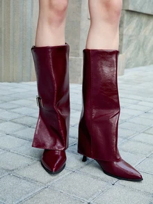 CHICVUE Women's High Heel Boots, Pointed Toe Kitten Heel Wedge Boots, Sexy Pants Boots, Stacked Heel Knee High Boots, Retro Over-The-Knee Boots, Fashion Western Boots - Burgundy - View 2