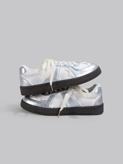 DareSee 女士新款网面透气休闲运动鞋系带芭蕾平底鞋小白鞋音乐节Y2KFest返校季秋季圣诞节冬季圣诞礼物