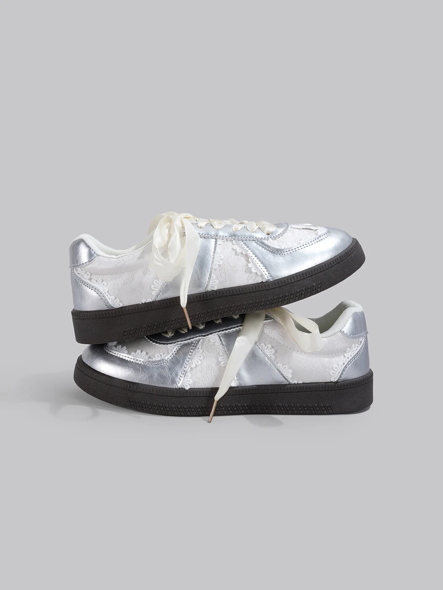 DareSee Women New Mesh Breathable Casual Sneakers Lace-Up Ballet Flat Small White Shoes Music Fest Y2KFest Back To School Autumn Winter Gifts - Silver - View 1