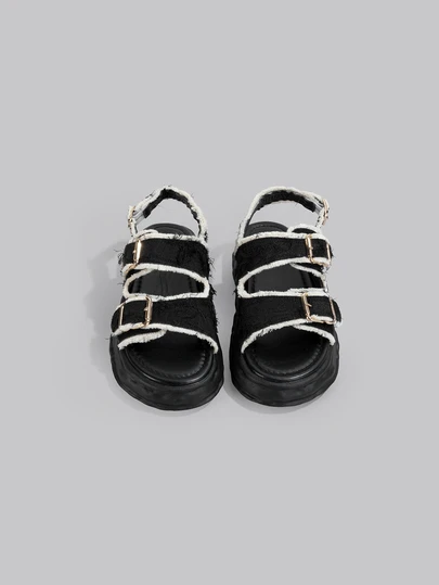 DareSee 露趾厚底凉鞋，饰有原色滚边，时尚女凉鞋，适合音乐节、Y2K音乐节、秋冬季节等场合，也是音乐节的理想礼物。