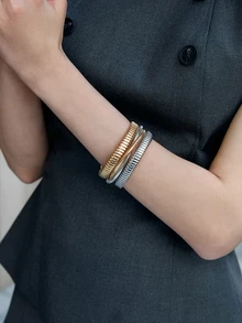 CHICVUE 1pc Fashionable Minimalist Multi-Layer Line Wrapped Geometric Open Cuff Snake Bone Bracelet, Suitable For Daily Wear, Party And Gathering - Multicolor - View 5