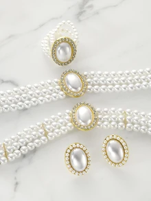 Clariva 4pcs/Set Multi-Layer Faux Pearl Fashion Jewelry Set Including Necklace, Bracelet, Earrings, And Ring For Wedding, Formal Occasions - White - View 2