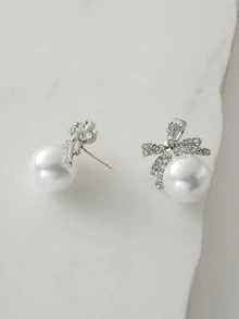 Clariva 1 Pair Elegant Bow Faux Pearl Rhinestone Stud Earrings Valentines