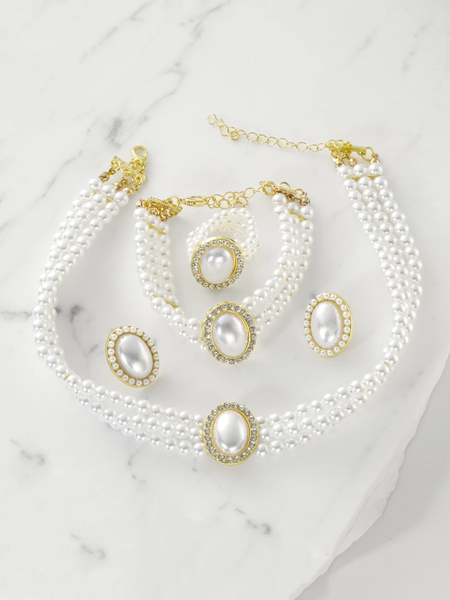 Clariva 4pcs/Set Multi-Layer Faux Pearl Fashion Jewelry Set Including Necklace, Bracelet, Earrings, And Ring For Wedding, Formal Occasions - White - View 1