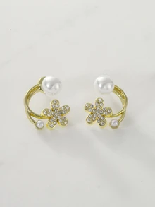Clariva Aretes tipo chaqueta con decoración de flor de rhinestone y perla falsa, ideal para San Valentín, mamá, madre, Día de la Madre, como regalo - Multicolor - Ver 4