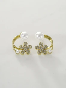 Clariva Aretes tipo chaqueta con decoración de flor de rhinestone y perla falsa, ideal para San Valentín, mamá, madre, Día de la Madre, como regalo - Multicolor - Ver 5