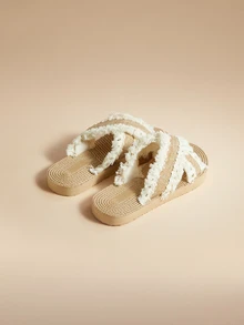 Glizzene Women's Casual Chic Stylish Bohemian Style Sexy Elegant Confident Vibe Tassel Beige/White Flat Sandals, Suitable For Beach, Resort, Versatile, Lightweight, Breathable Open Toe, Soft Comfortable Durable, Cute Sweet Youthful Shallow Khaki Round Toe Elastic EVA Criss-Cross Sandals Valentine's Day Wedding Wedding - Beige - View 4