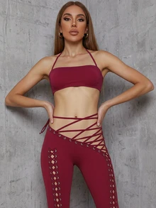 Bộ 2 món gồm áo croptop buộc dây gợi cảm và quần ống rộng có dây rút, phong cách thời trang đường phố, thích hợp cho tiệc tùng, mùa xuân/hè. - Màu Đỏ Sâu - Xem 2