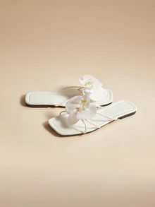 Glizzene 法式花卉绑带平底凉鞋，女士夏季新款时尚休闲拖鞋，适合约会、购物、派对、情人节、婚礼等场合。 - 白色 - 查看 5