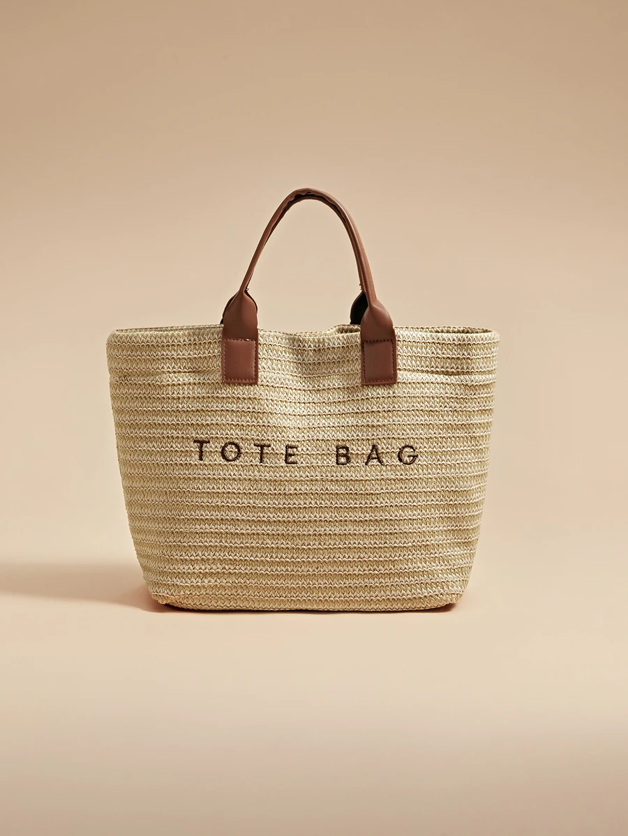 Glizzene 大容量休闲度假草编手提包，简约优雅女士单肩手提包，情人节婚礼适用 - 卡其色 - 查看 1