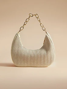 Glizzene 时尚纯色编织月牙形女士包，配金属链条肩带，可作手提包、单肩包、托特包、沙滩包、休闲编织包和手机包使用，夏季必备，非常适合度假和假日，沙滩包，适合夏季、度假和日常使用，旅行必备，情人节婚礼佳品 - 米色 - 查看 1