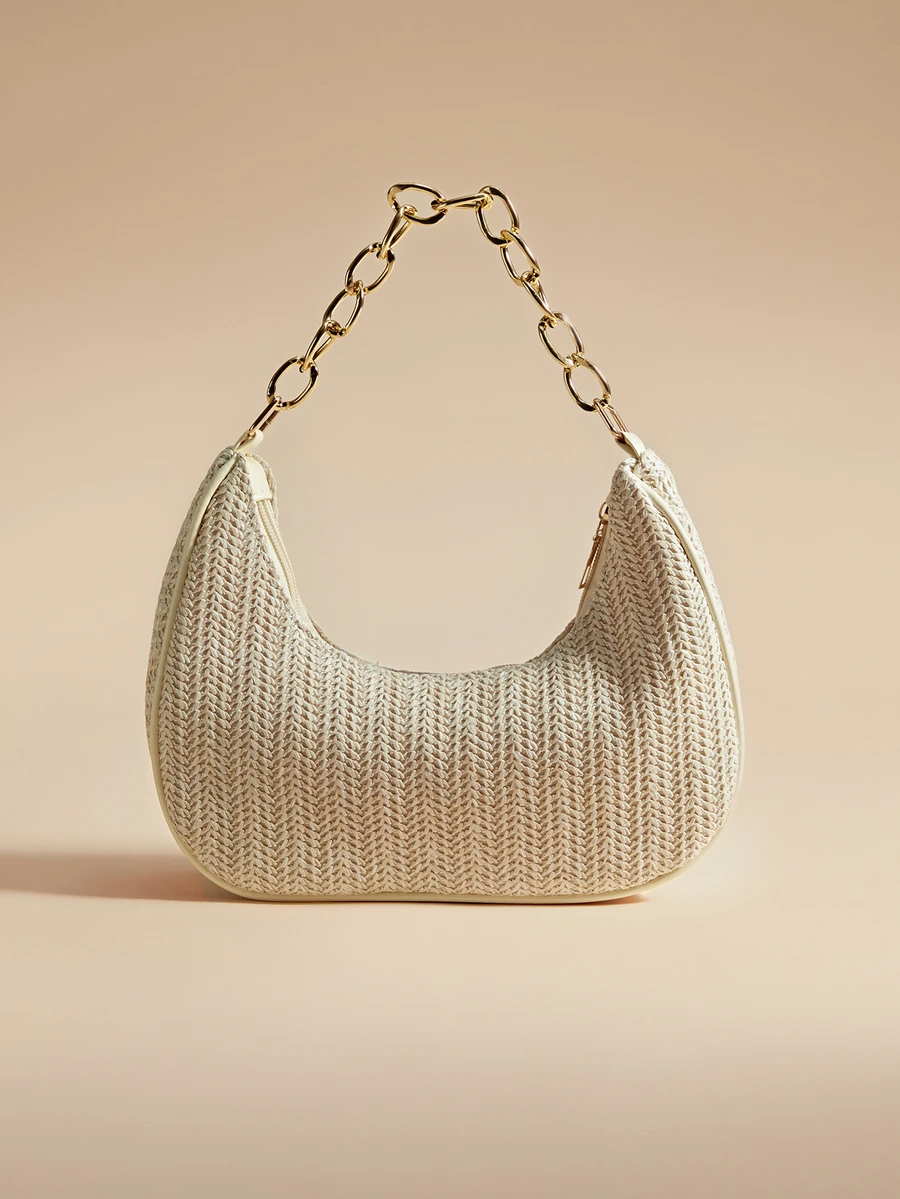 Glizzene 时尚纯色编织月牙形女士包，配金属链条肩带，可作手提包、单肩包、托特包、沙滩包、休闲编织包和手机包使用，夏季必备，非常适合度假和假日，沙滩包，适合夏季、度假和日常使用，旅行必备，情人节婚礼佳品 - 米色 - 查看 1