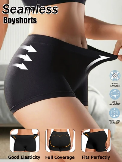 Women's Seamless Hipster Panties, Low-Rise Briefs, Soft & Sexy Underwear, Black Shorts, Butt-Lifting Panties, Breathable Fabric, Minimalist Shaping Sports Briefs, Shapewear, Suitable For Summer Dresses