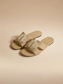 Glizzene 女士编织露趾平底凉鞋，套脚无后跟拖鞋，绳底舒适夏季鞋，沙滩拖鞋，镂空休闲度假家居鞋，情人节婚礼鞋 - 卡其色 - 查看 2