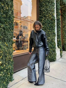 New Vintage Bomber Leather Jacket, Solid Color Casual Zip Pocket Jacket, Regular Fit - Black - View 2