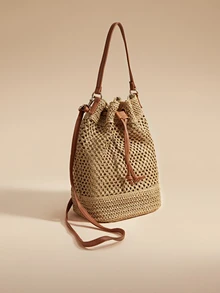 Glizzene Damen Urlaubs Boho-Stil Kordelzug Stroh Eimer Schultertasche, Boho-Outfit für Damen Valentinstag Hochzeit - Khaki - Übersicht 1