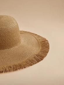 Glizzene 1顶女士户外大檐沙滩遮阳帽，编织蓬松饰边草帽，波西米亚风沙滩帽，夏季