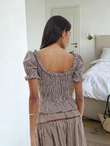 Bộ đồ nữ thanh lịch 2 mảnh, phong cách bohemian thường ngày, áo sơ mi kẻ caro cổ vuông viền bèo nhún và chân váy họa tiết ren hoa, màu nâu mùa hè. - màu nâu - Xem 6