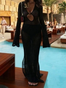 Black Deep V Neck Hollow Out Dress Women's Long Sleeve Beach Cover Up - Black - View 2
