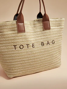 Glizzene 大容量休闲度假草编手提包，简约优雅女士单肩手提包，情人节婚礼适用 - 卡其色 - 查看 4